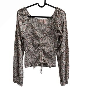 Willow Root Floral Smocked Ruched Tie Front Long‎ Sleeve Top - Medium